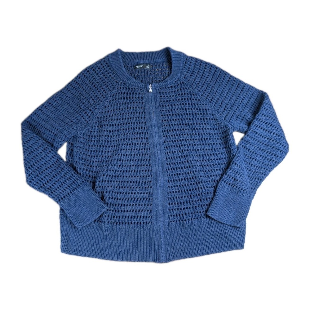 Simply Vera Vera Wang Women's Large Navy Open Knit Zip Cardigan Sweater Preppy